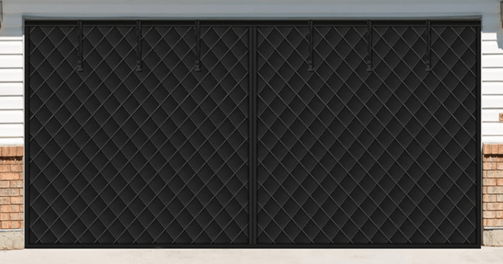 Black diamond-patterned garage doors with a sleek design.