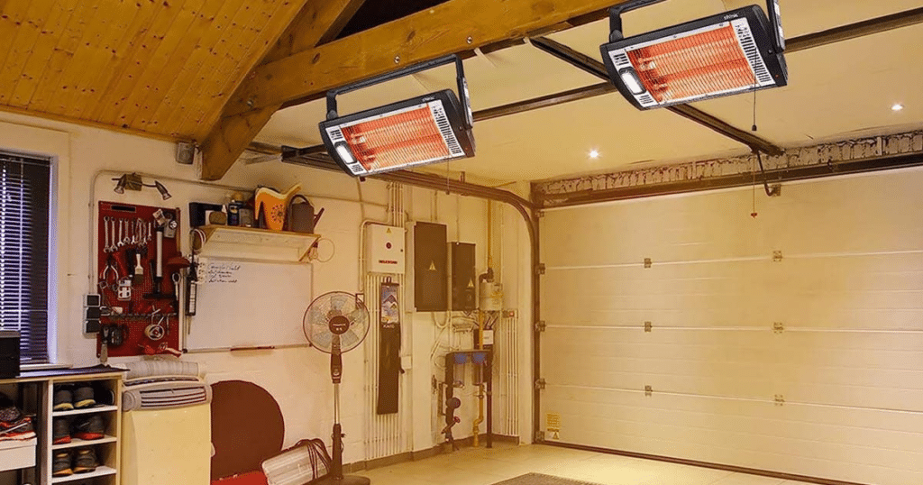 Warmly lit garage with ceiling heaters.