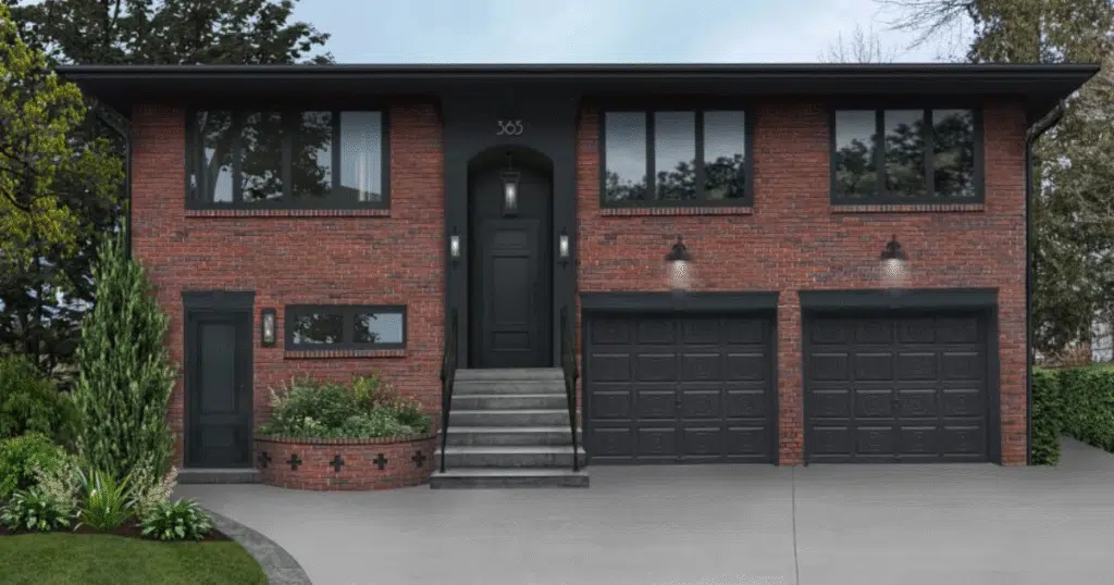 black garage doors on red brick house