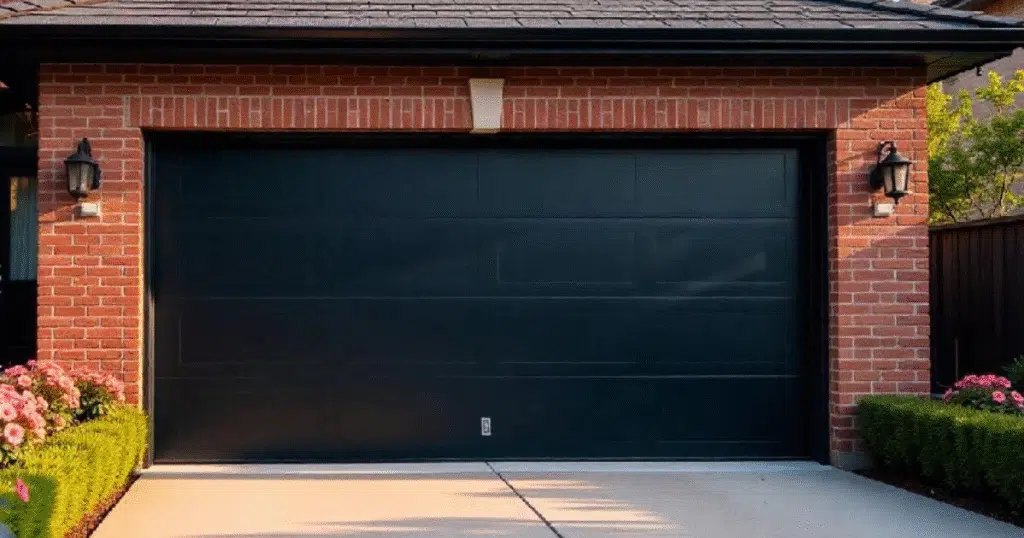 black garage door on a red brick house